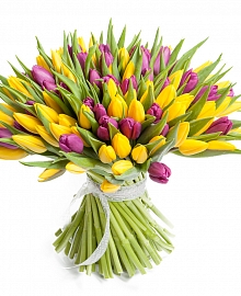 Букет 101 тюльпан, желто-фиолетовые
