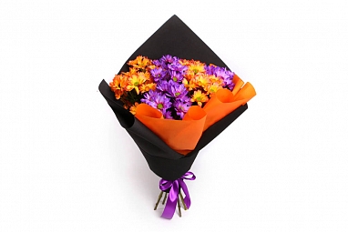 Букет 11 кустовых хризантем, рыже-фиолетовый микс
